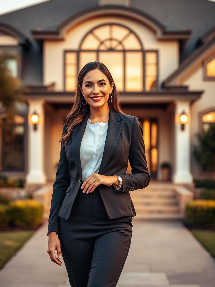 Professional realtor in front of luxury home